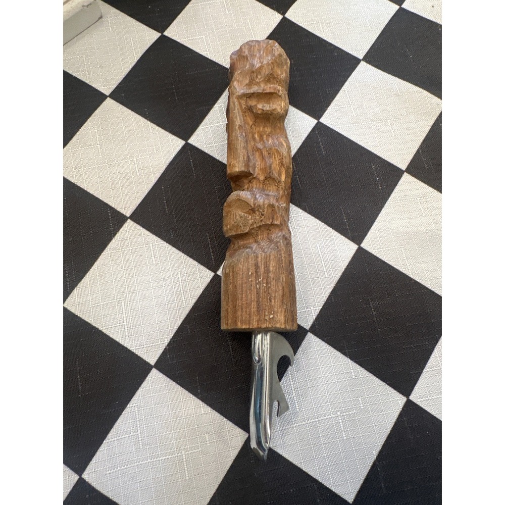 Vintage Hand Carved Wood Tiki Bottle Opener Can Piercer Totem Bar Tool 7.5 Inch